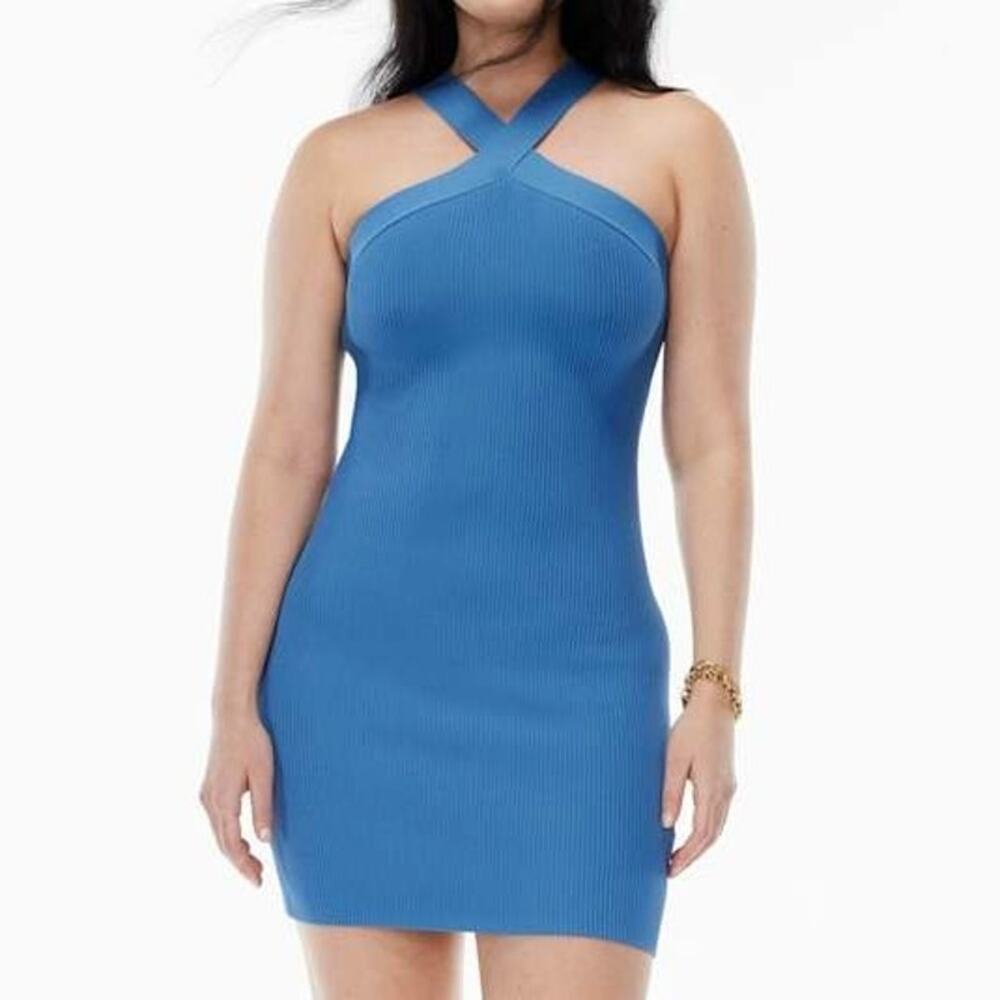 Aritzia Babaton Sculpt knit criss cross‎ bodycon ribbed mini dress blue stretchy